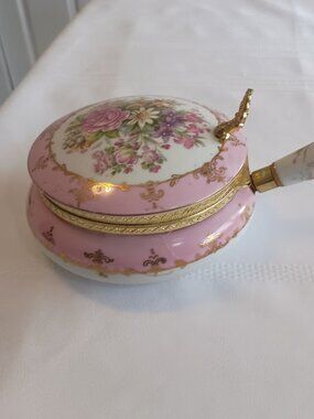 Vintage Ceramic Crumb Catcher with Handle, Pink, Floral and Gold colored Accents